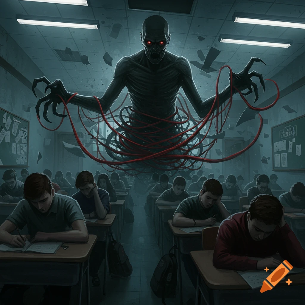 A large, skeletal monster with red eyes and tendrils looms over students writing at desks in a dark, eerie classroom.