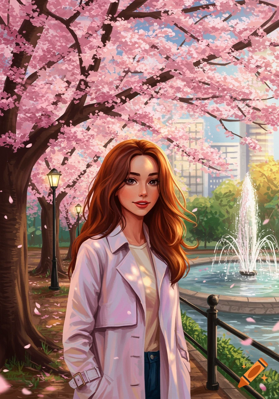 An illustration of a woman with long brown hair standing in a cherry blossom park with a fountain in the background.