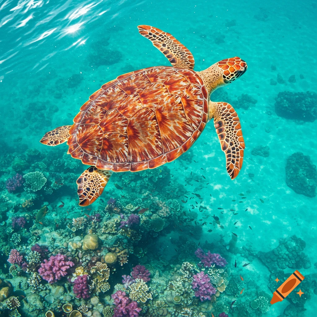 A loggerhead sea turtle swims above a colorful coral reef in clear blue-green ocean water.