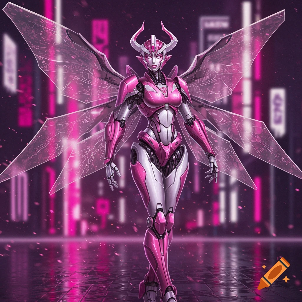 A pink and white female robot with horns and translucent wings stands in a futuristic city at night.