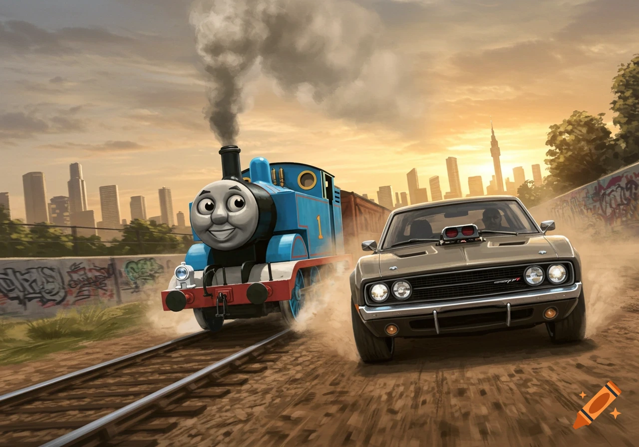 Thomas the Tank Engine on tracks races a classic brown Dodge Charger on a dirt road, with a city skyline at sunset in the background.