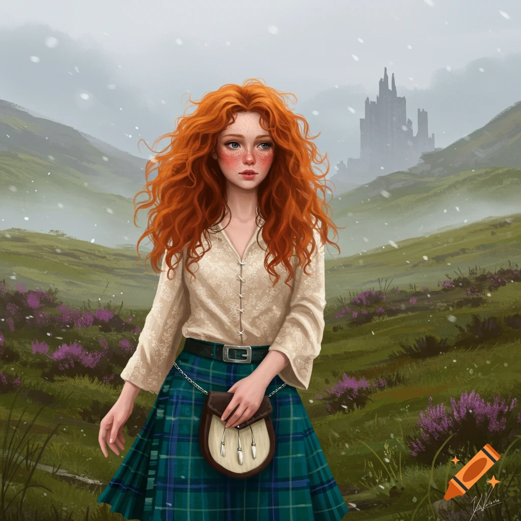 Digital painting of a young woman with long wavy red hair and freckles, wearing a cream shirt, green plaid kilt, and sporran, standing in a misty green field with purple flowers and a distant castle.