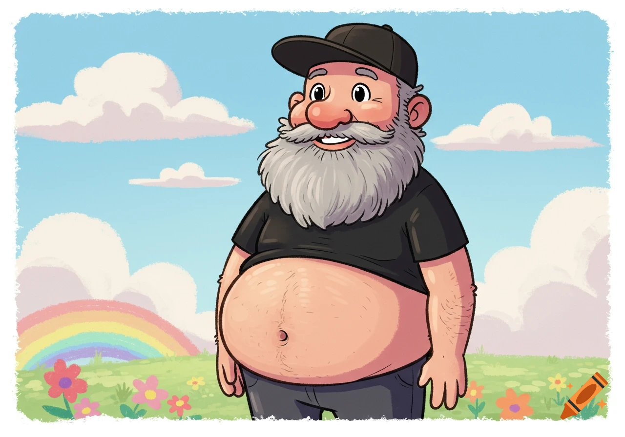 A cartoon illustration of a smiling man with a gray beard and pot belly, wearing a black t-shirt and hat, standing in a field with a rainbow.