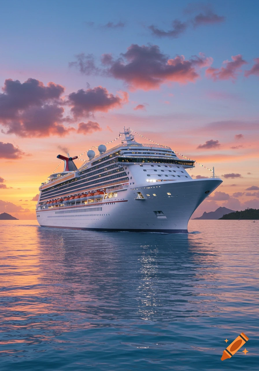 A large white cruise ship sails on calm water at sunset, with a vibrant orange and pink sky above and distant islands.