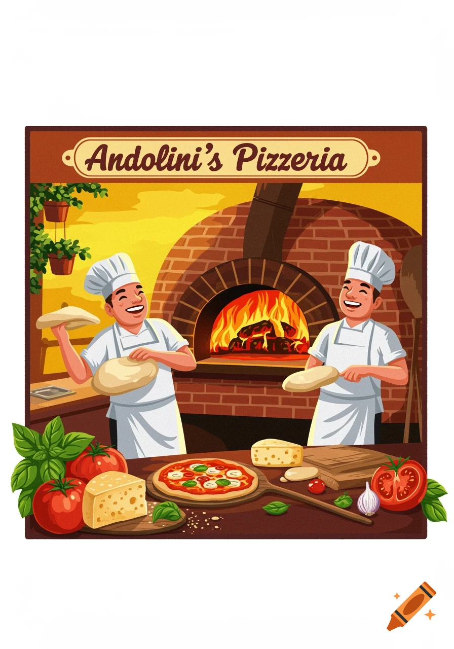 Illustration of two happy chefs preparing pizza in front of a brick oven, with ingredients like tomatoes and cheese in the foreground and a sign reading "Andolini's Pizzeria".