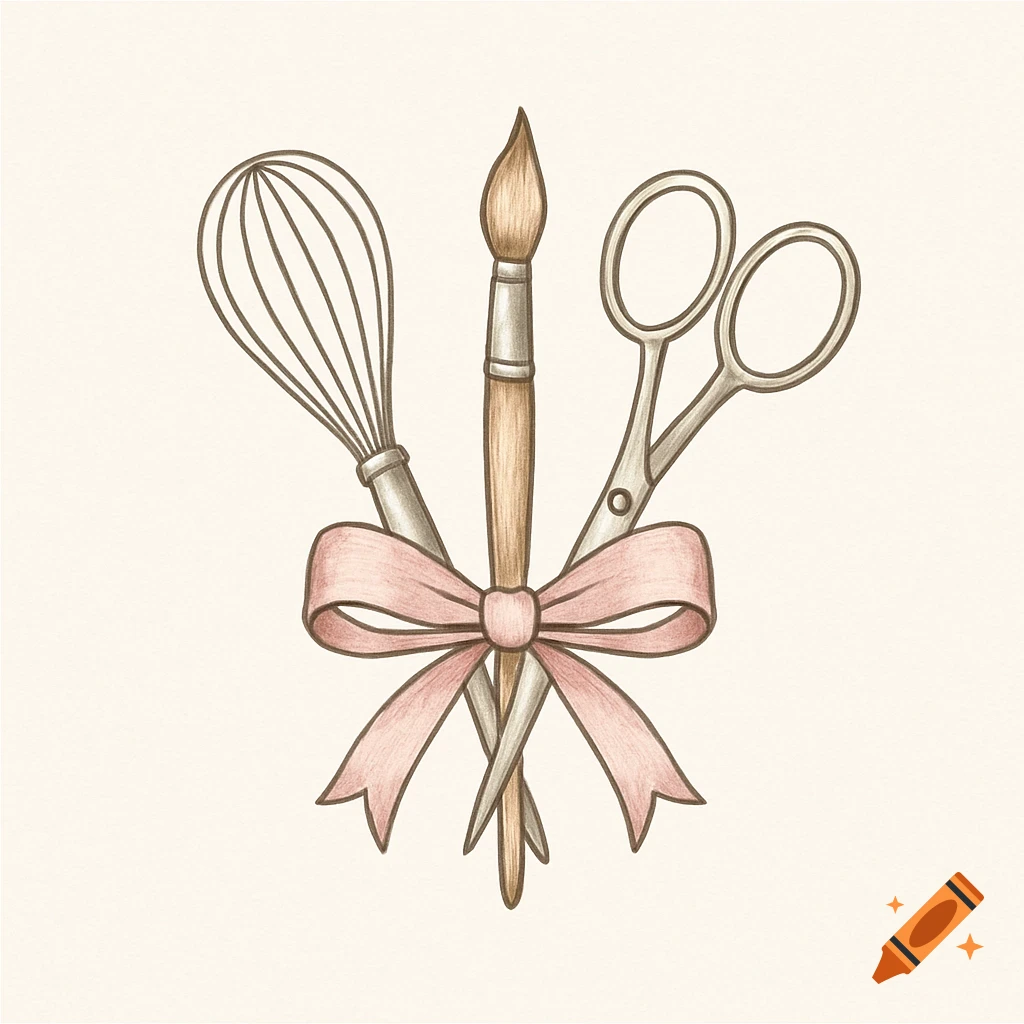 A cute logo featuring a wire whisk, a paintbrush, and scissors tied together with a pink ribbon on a light background.