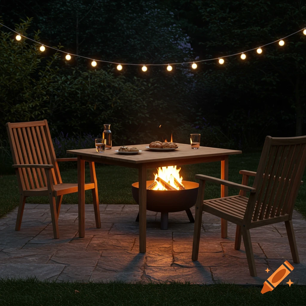 A photorealistic image of a cozy backyard patio at night, featuring a wooden table, two chairs, and a fire pit, illuminated by string lights.