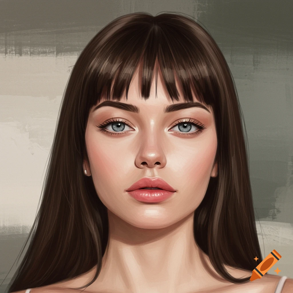 A digital painting of a woman with long brown hair, bangs, and blue eyes looking directly forward.
