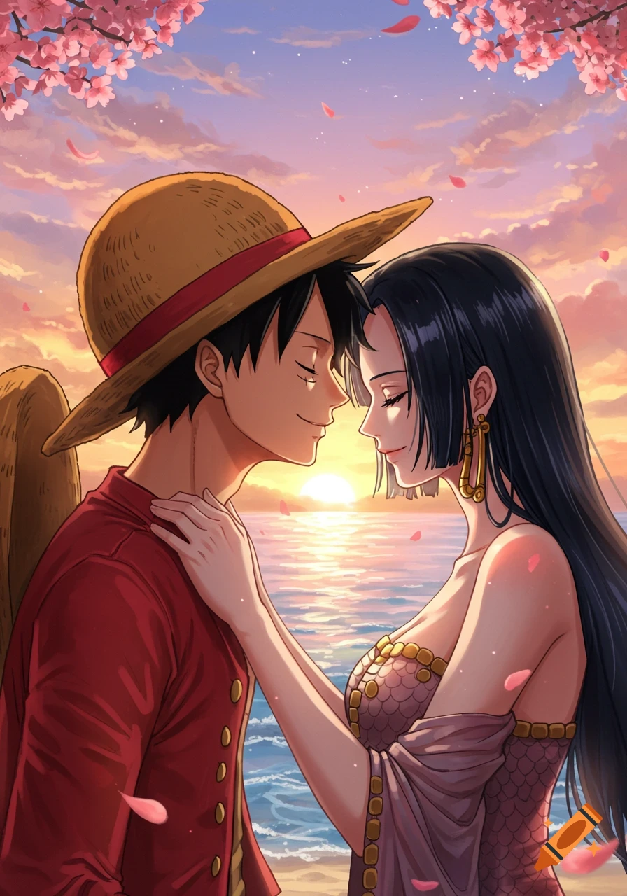 Anime characters Luffy and Boa Hancock almost kiss on a beach at sunset with cherry blossoms.