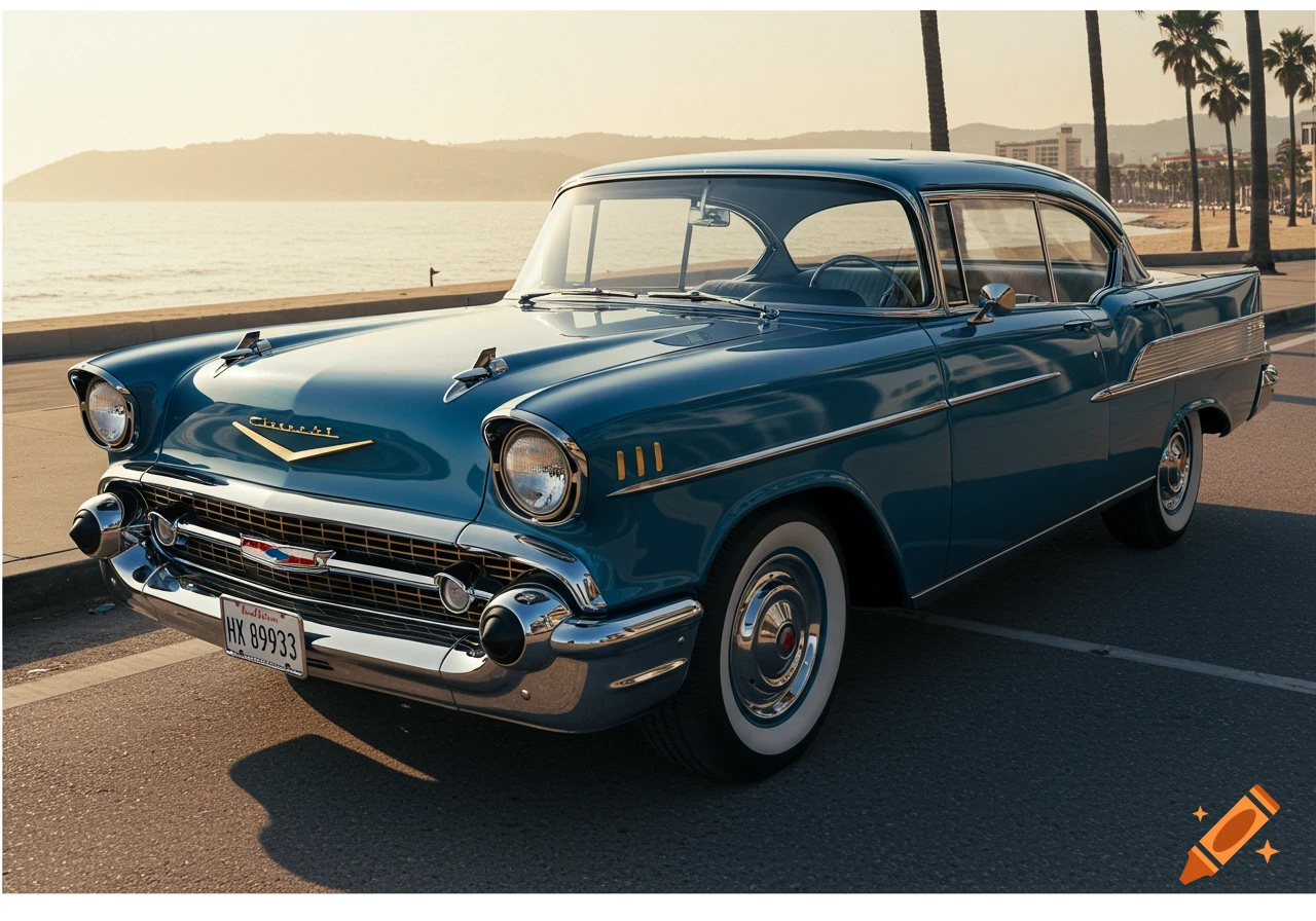 A metallic blue 1957 Chevrolet Bel Air 2-door car is parked on an asphalt road by the ocean at sunset, with palm trees in the background.