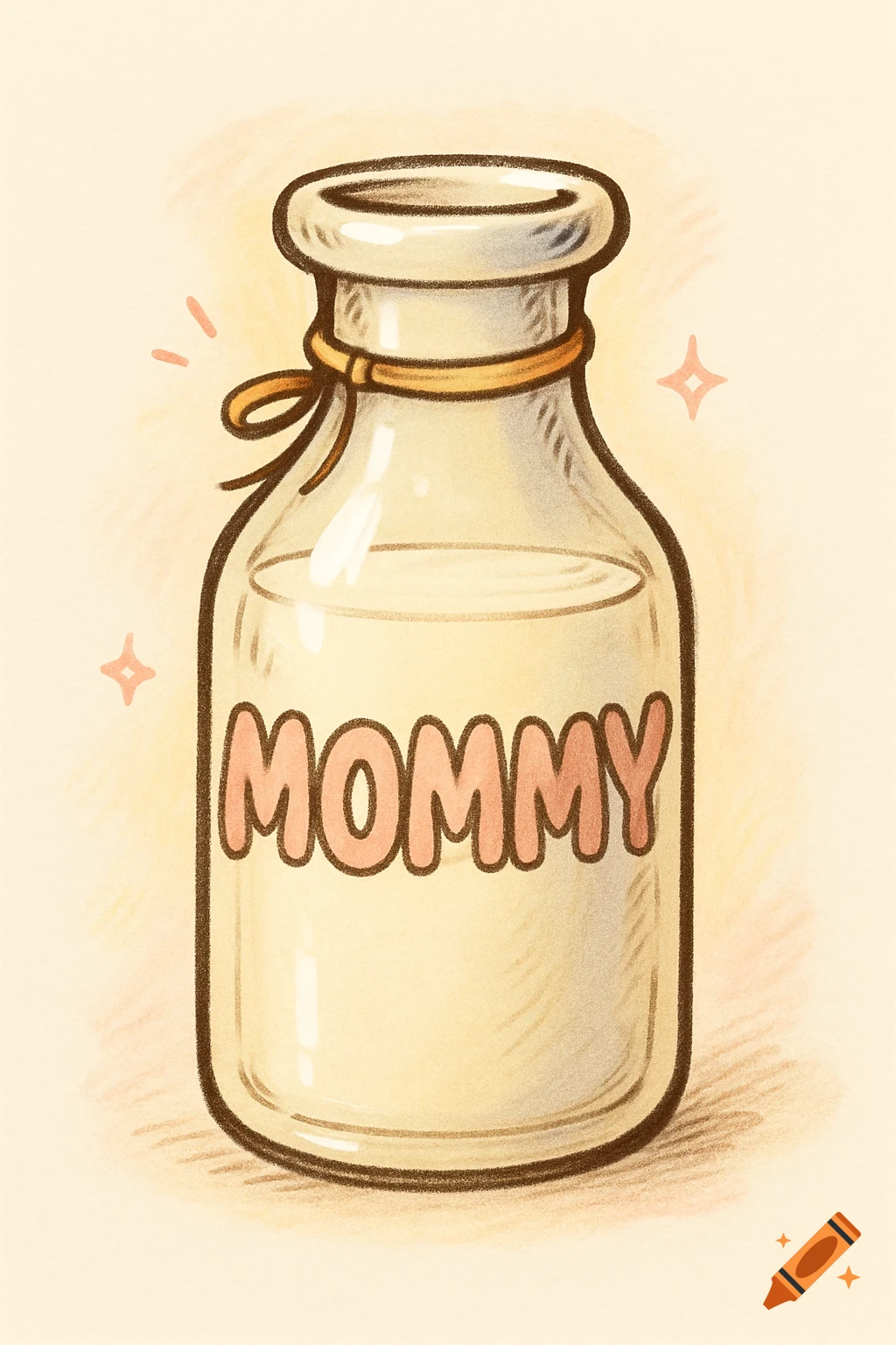 A cartoon illustration of an old-style milk bottle with the word MOMMY on its label, featuring a sketchy texture.