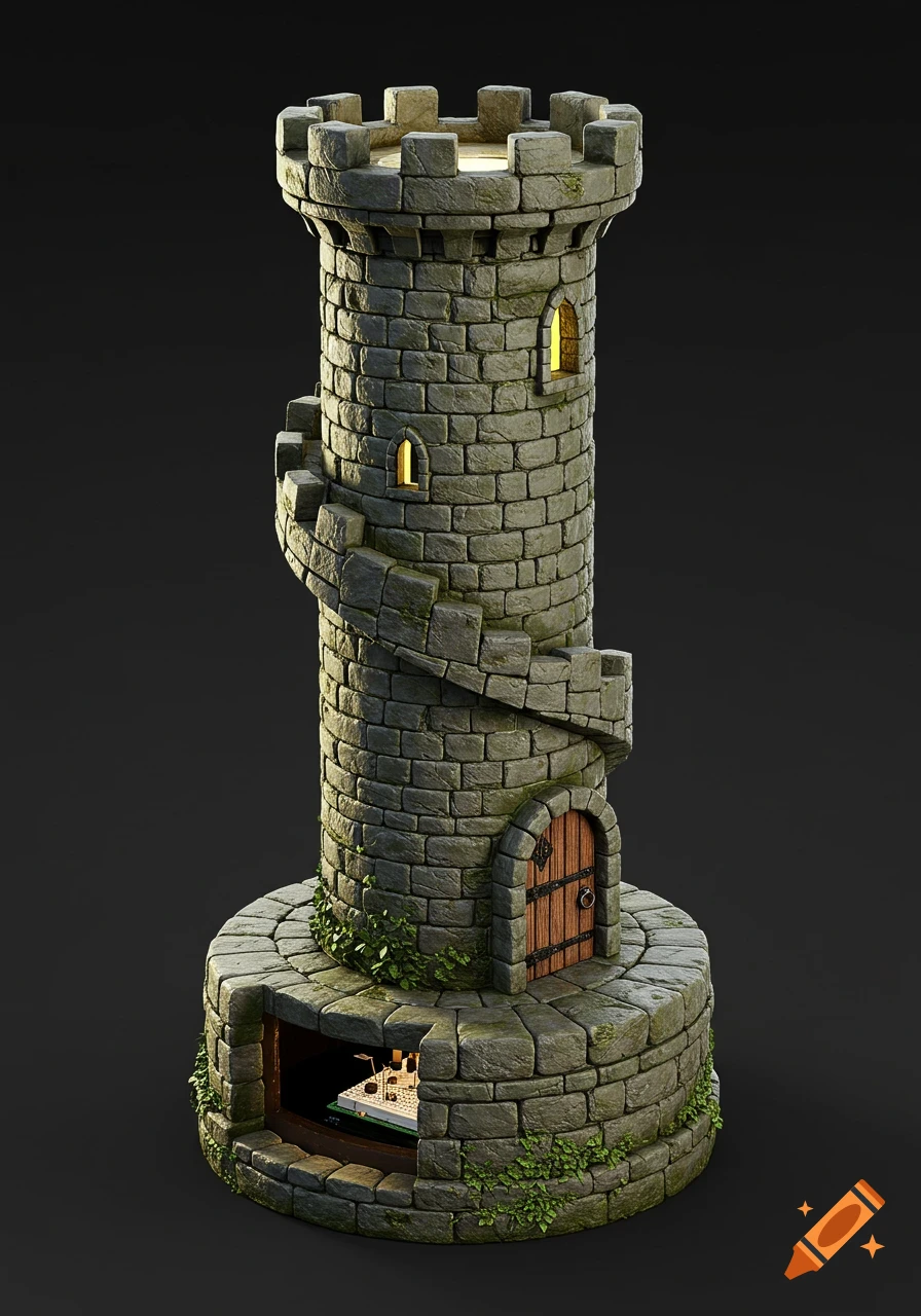A detailed 3D render of a stone castle tower with a spiral staircase, a wooden door, illuminated windows, and a visible circuit board at the base.