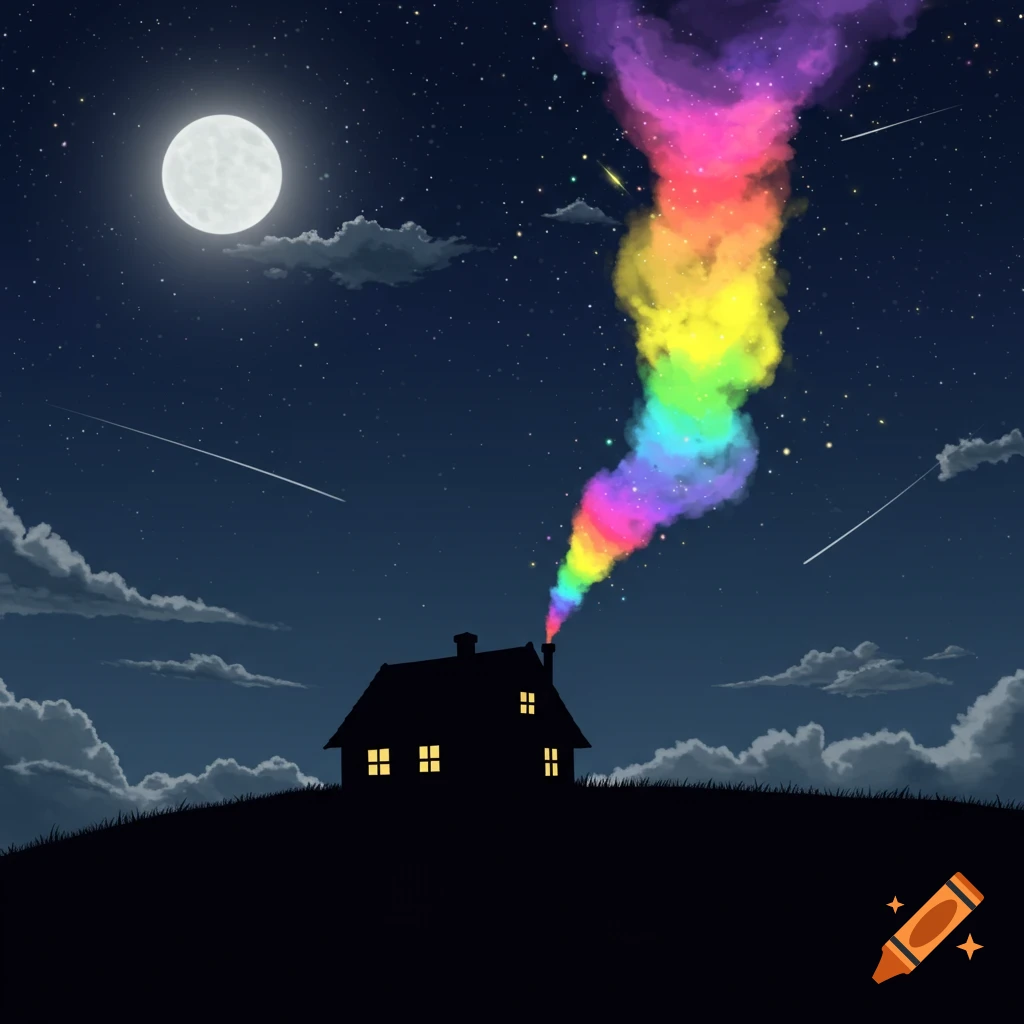 A silhouetted house on a hillside at night, with a full moon and stars, emits vibrant rainbow smoke from its chimney.