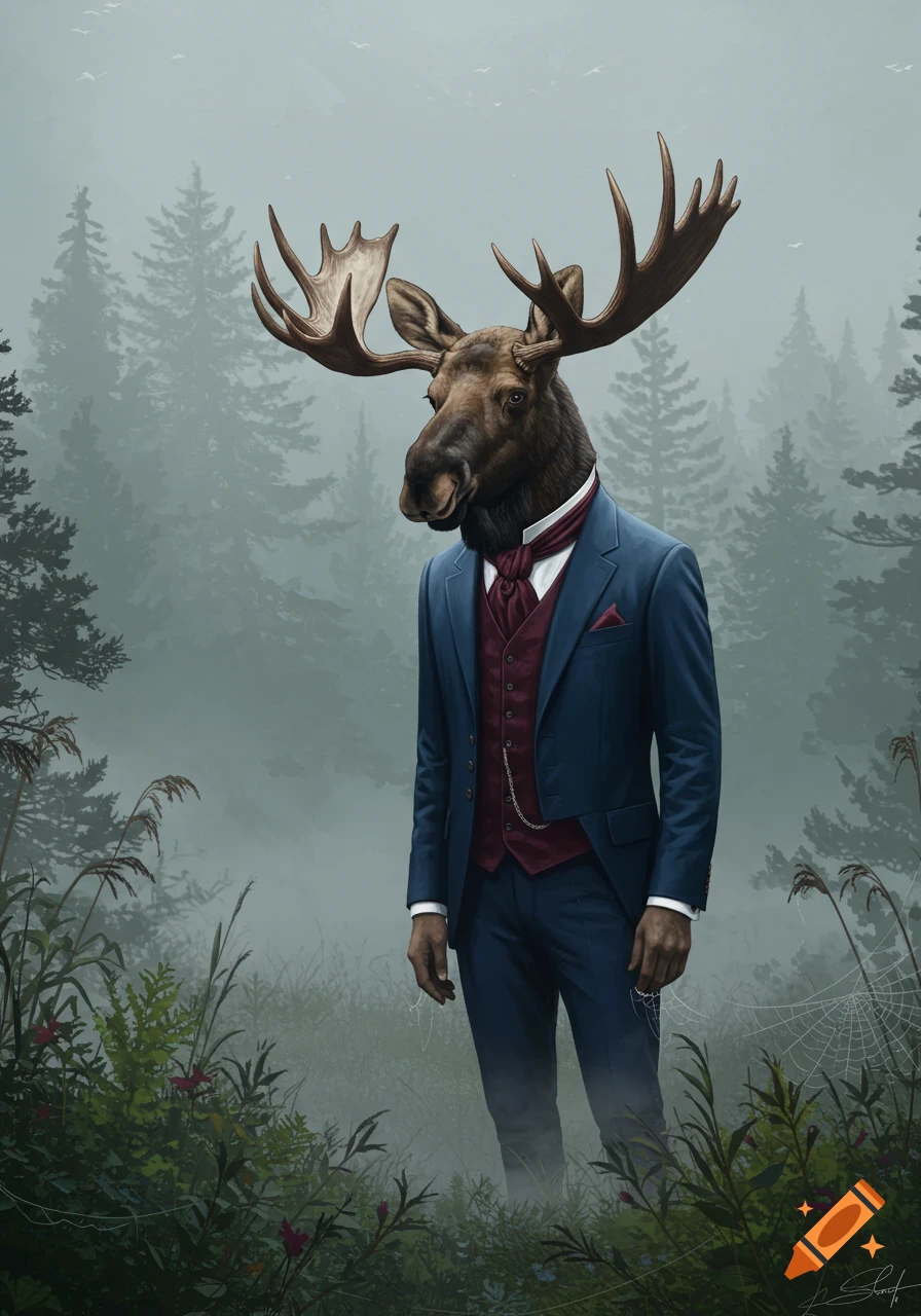 A moose wearing an elegant blue suit and a red vest stands in a misty forest.