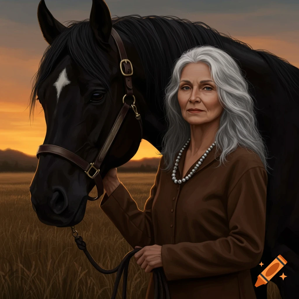 A photorealistic portrait of an older woman with long gray hair and a pearl necklace standing next to a black horse in a field at sunset.