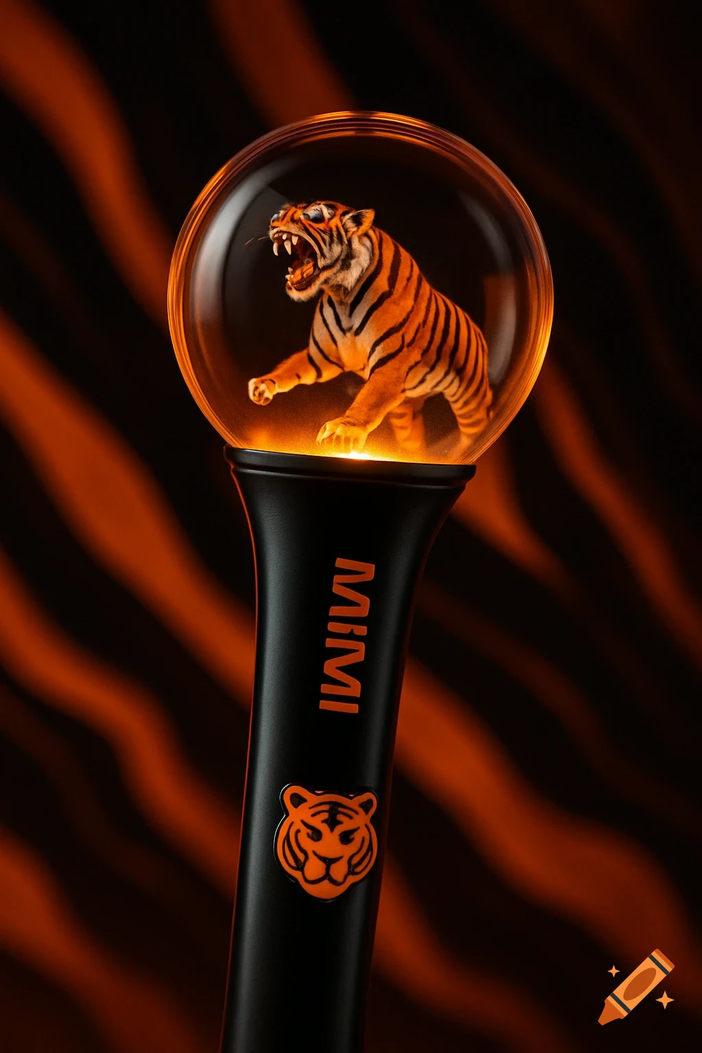 A black Kpop lightstick features a glass sphere at the top, encapsulating a roaring tiger figurine with orange stripes. The base has "MIMI" text and a tiger logo, all illuminated with an orange glow against a blurry orange and black striped background.