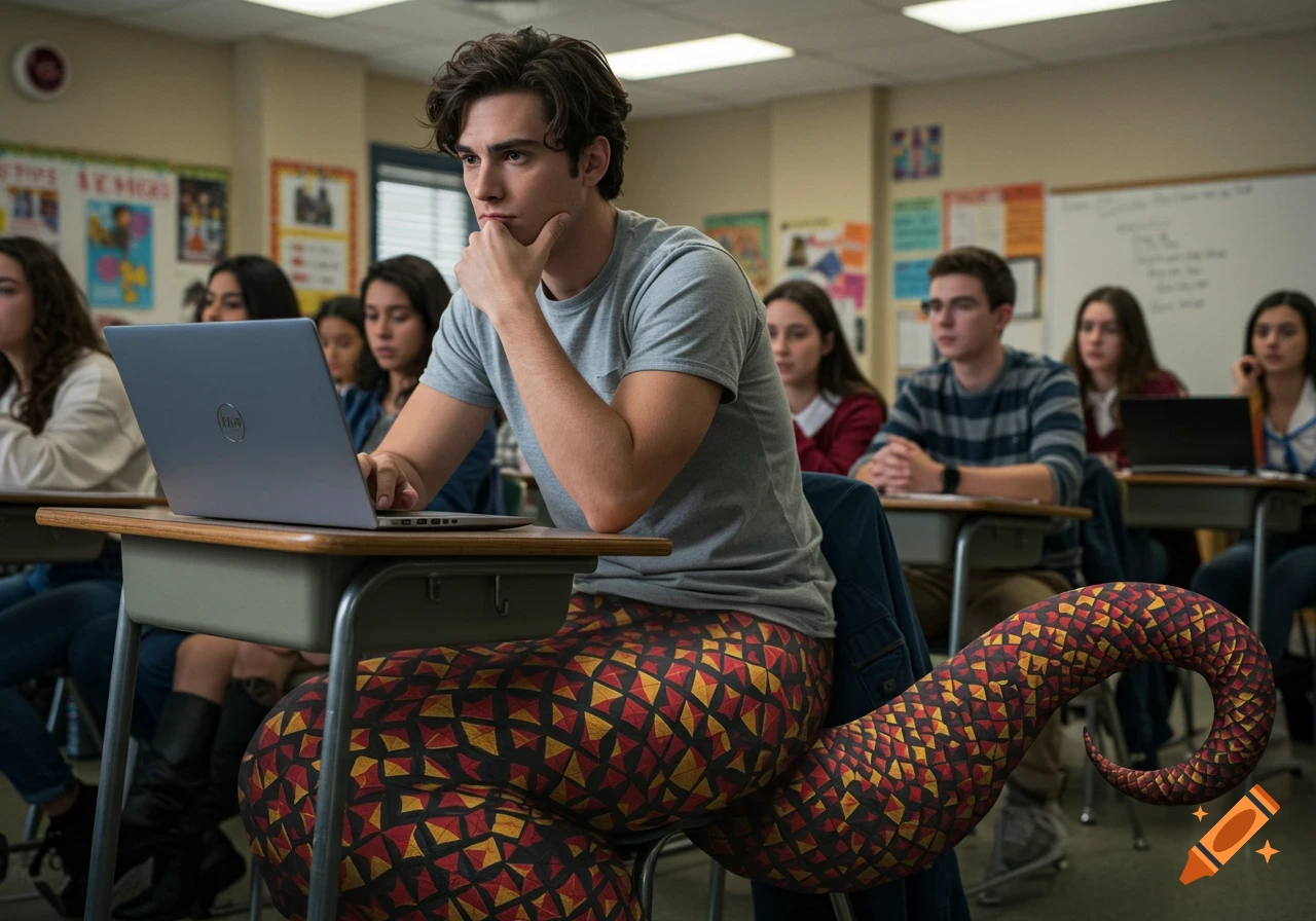 A male student with a black, red, and yellow patterned lamia tail sits at a desk in a high school classroom, using a laptop. Other students stare at him.