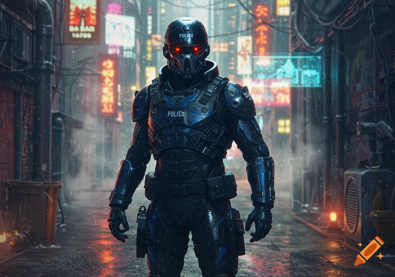 A futuristic police officer in dark armor with red eyes stands in a rainy cyberpunk city alley with neon signs.