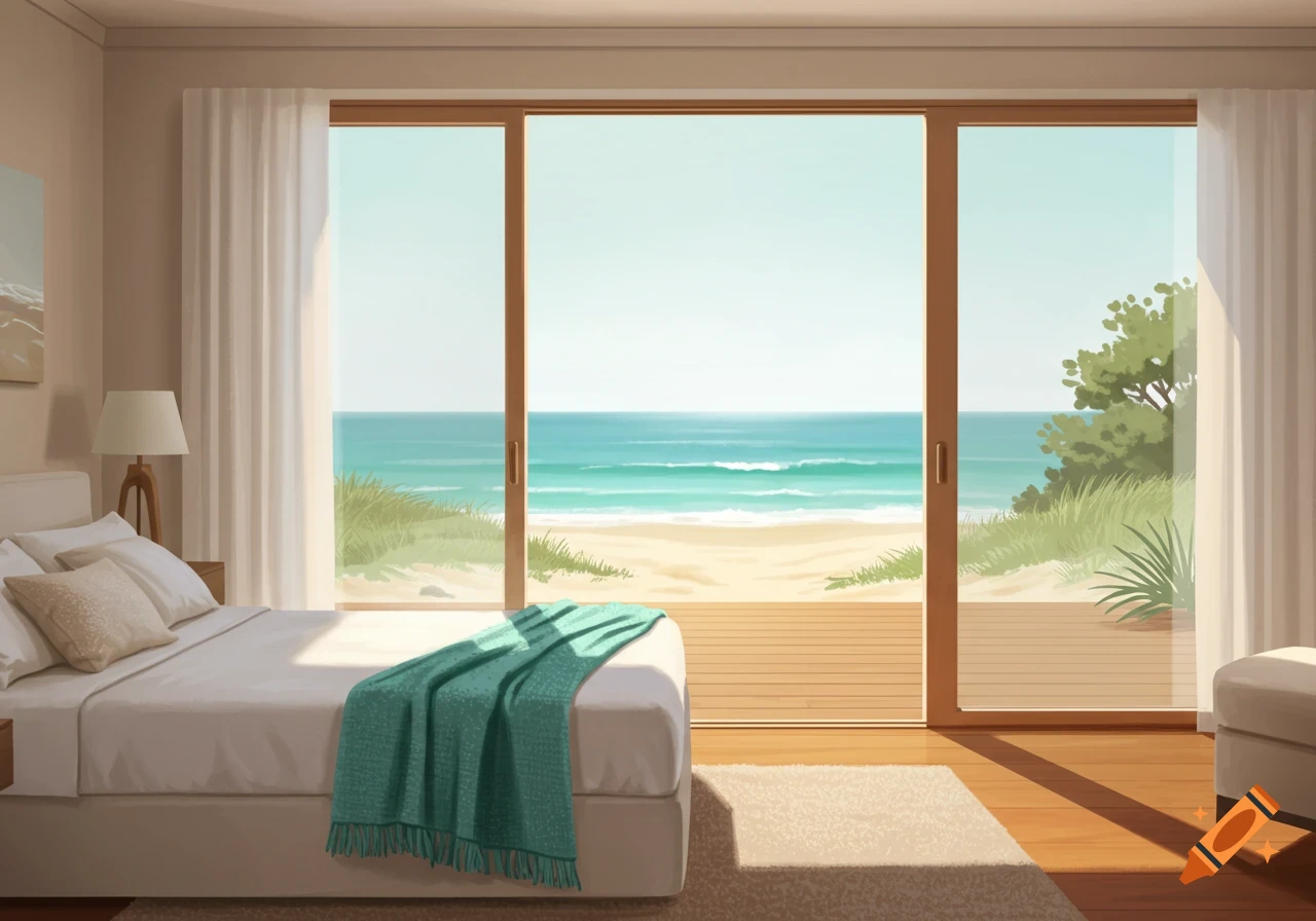 A modern bedroom with white bedding and a teal throw blanket, featuring large sliding glass doors that open to a sunny beach and ocean view.