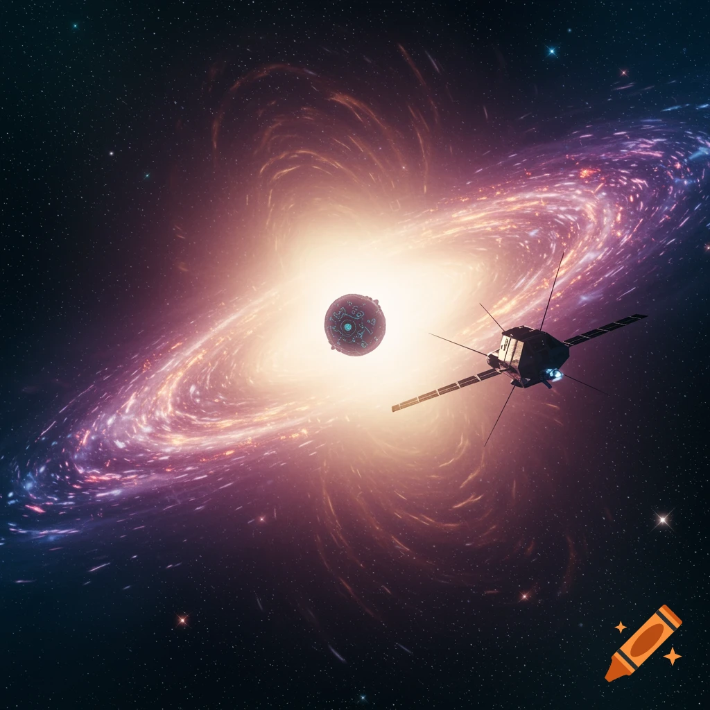 A space probe approaches a mysterious ornate sphere orbiting a bright, swirling galaxy core.