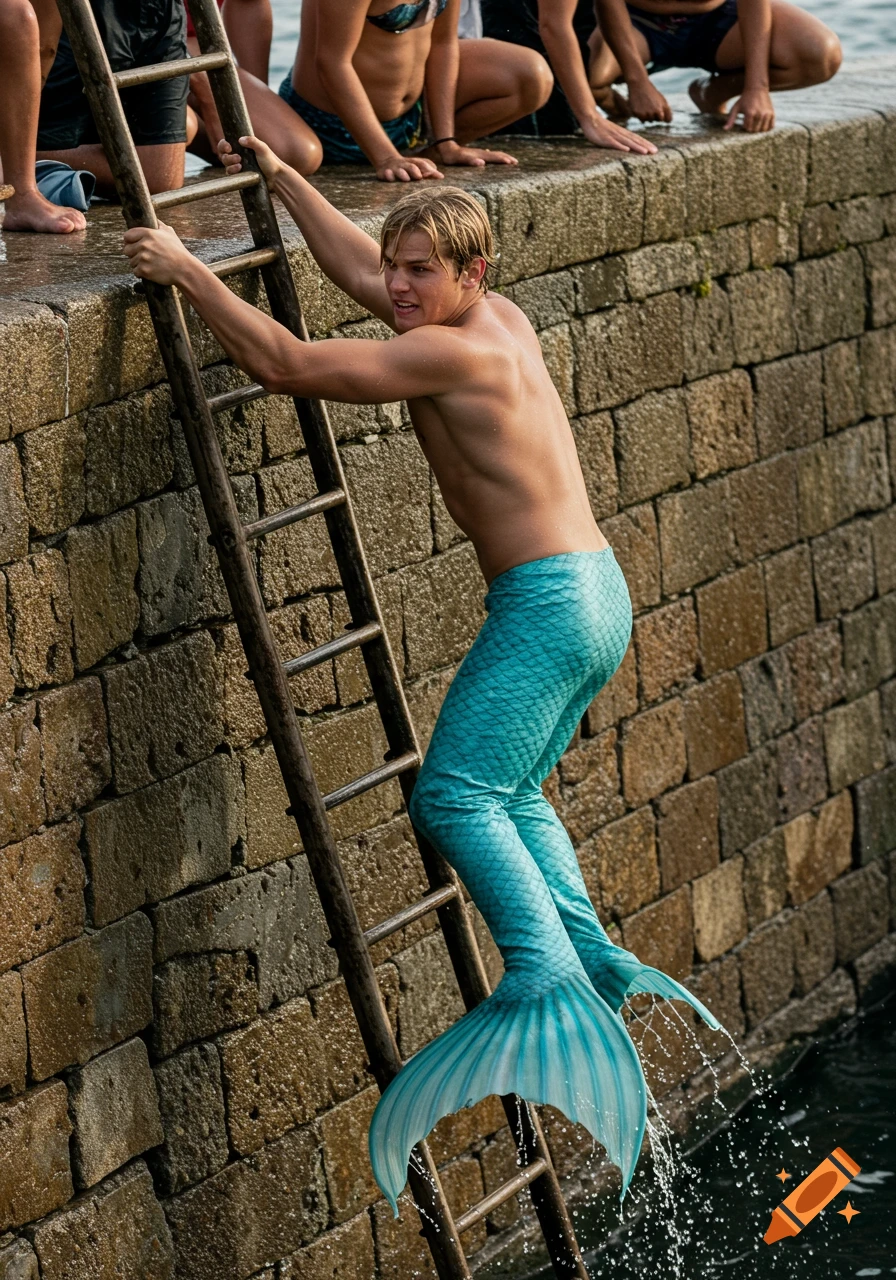 A blond merman in a teal tail climbs a wooden ladder up a stone wall from the water, as people watch from above.