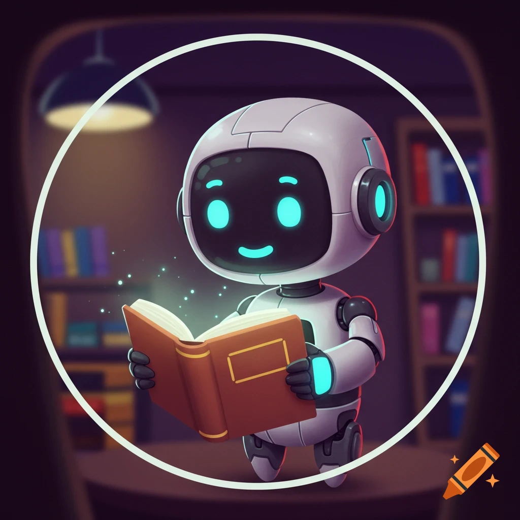 A friendly, futuristic cartoon robot with glowing blue eyes holds and reads an open, glowing book in a dimly lit library.