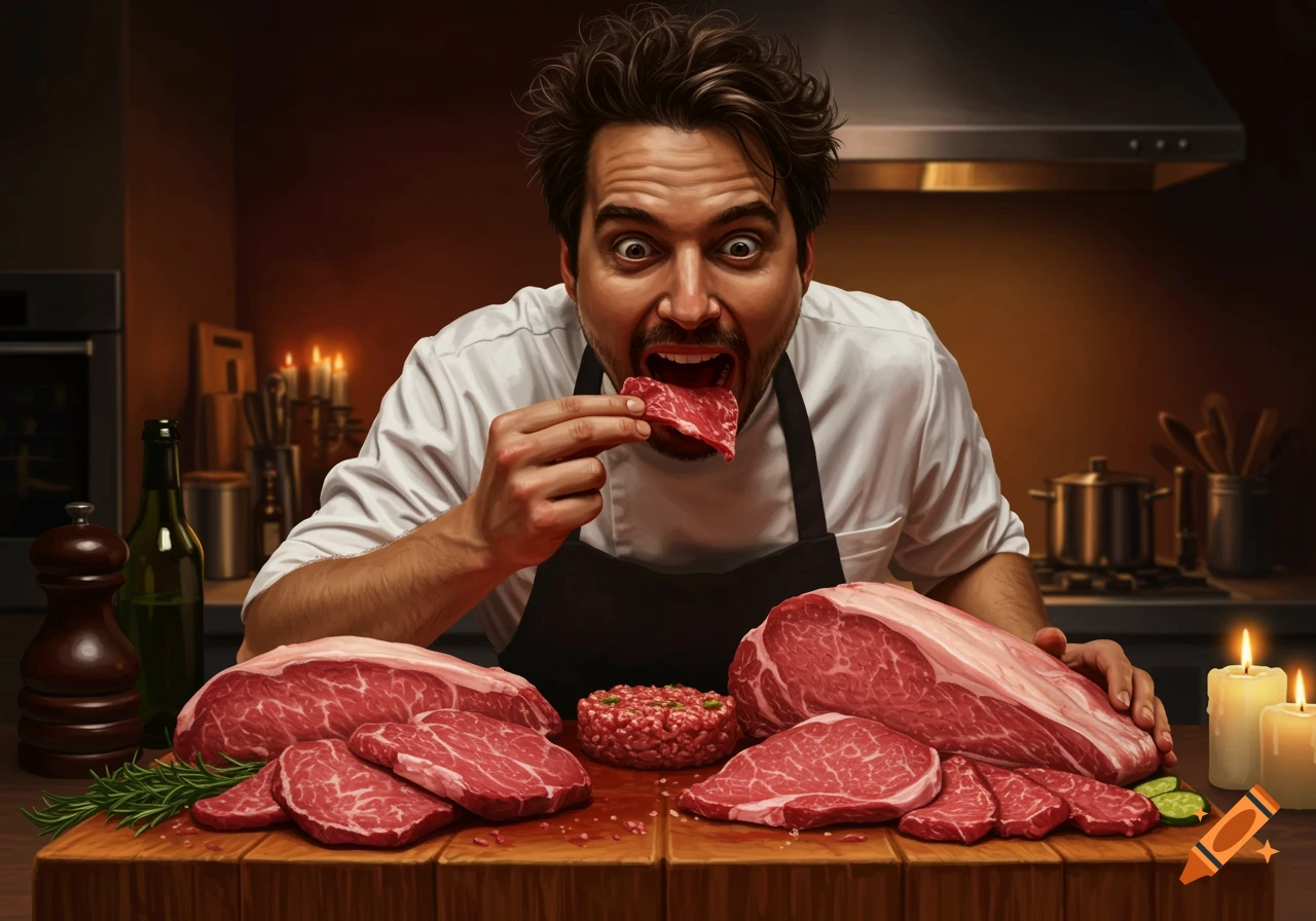 A chef with a wild expression eagerly eats a piece of raw meat from a cutting board filled with raw meat in a kitchen.
