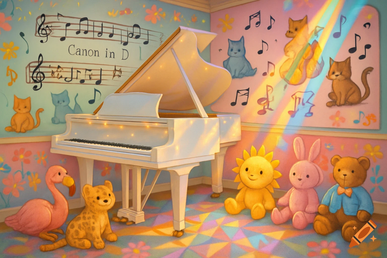 A whimsical room with a white grand piano, sheet music with "Canon in D" on the wall, and plush animals on a colorful patterned floor with rainbow light.