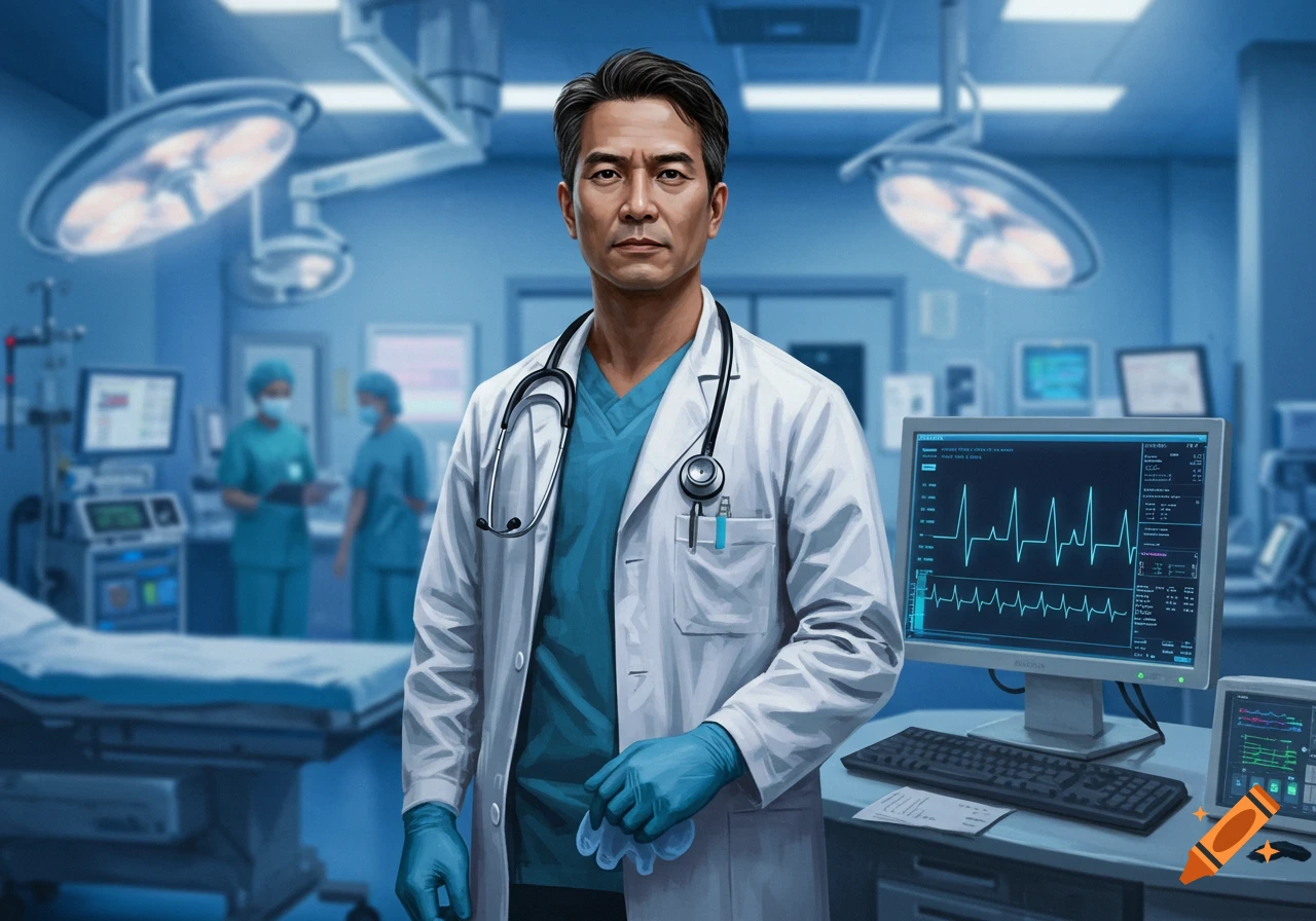 A male doctor in scrubs and a lab coat with a stethoscope stands in an operating room with medical equipment and monitors.