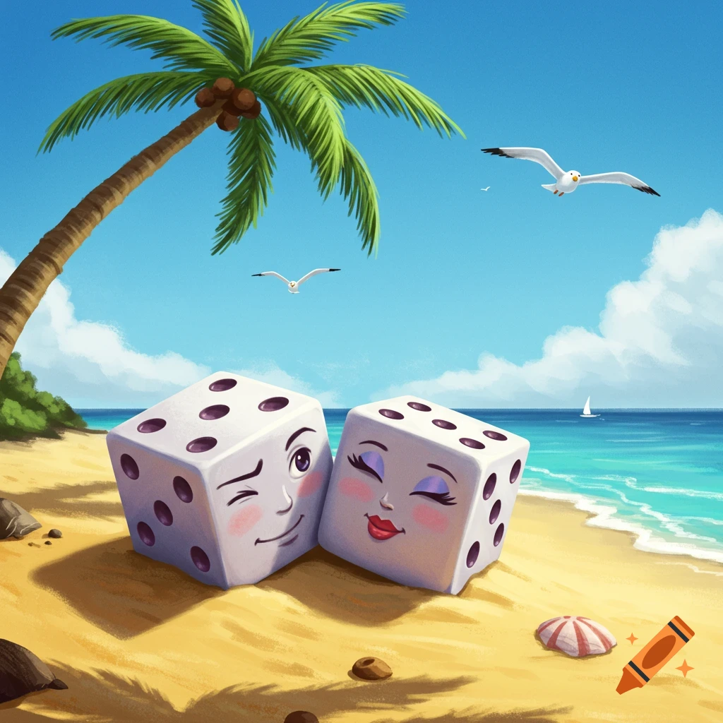 Two cartoon dice, one male winking and one female with red lips, on a sunny beach with a palm tree, seagulls, and the ocean in the background.