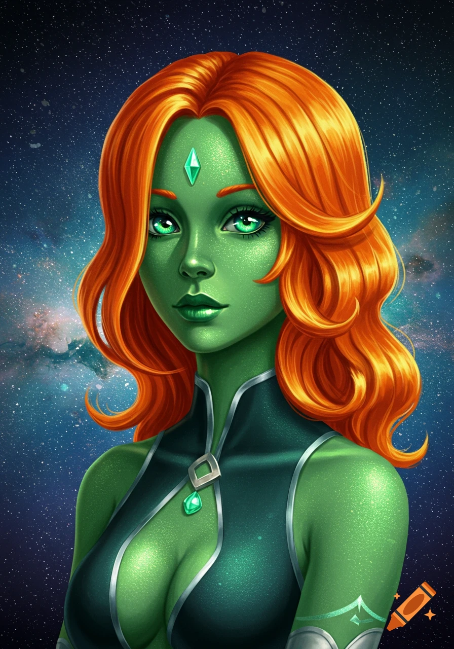 A vibrant portrait of a green-skinned alien woman with bright orange hair and striking green eyes, set against a starry galactic background.