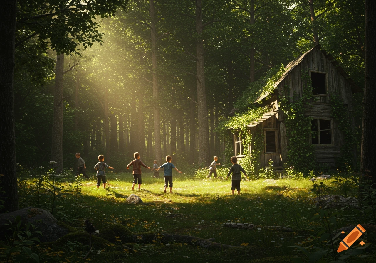 Photorealistic image of barefoot boys playing in a sunlit forest clearing near an old wooden cabin.