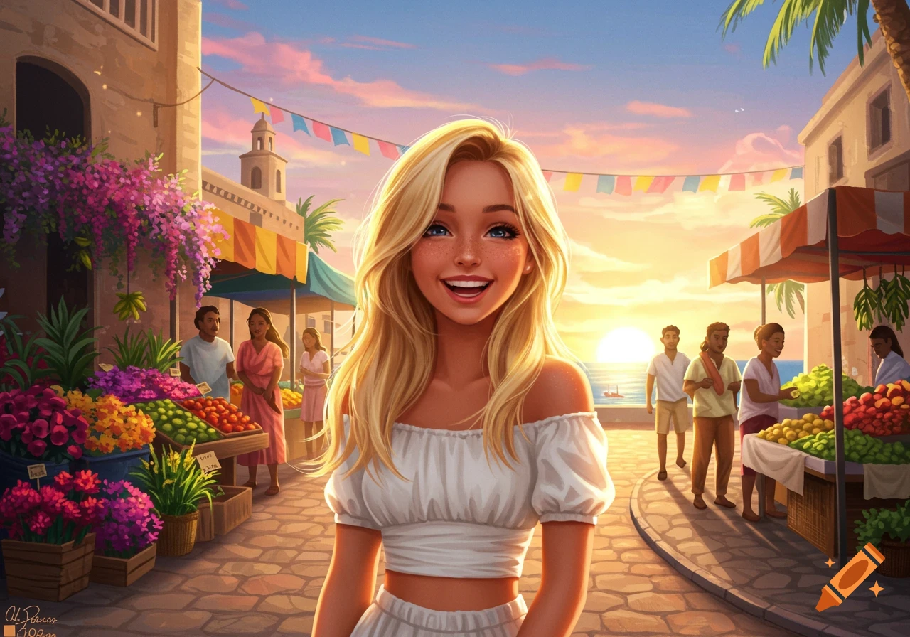 A smiling blonde girl with freckles stands in the foreground of a vibrant, sunny market scene at sunset, with stalls and other people behind her.