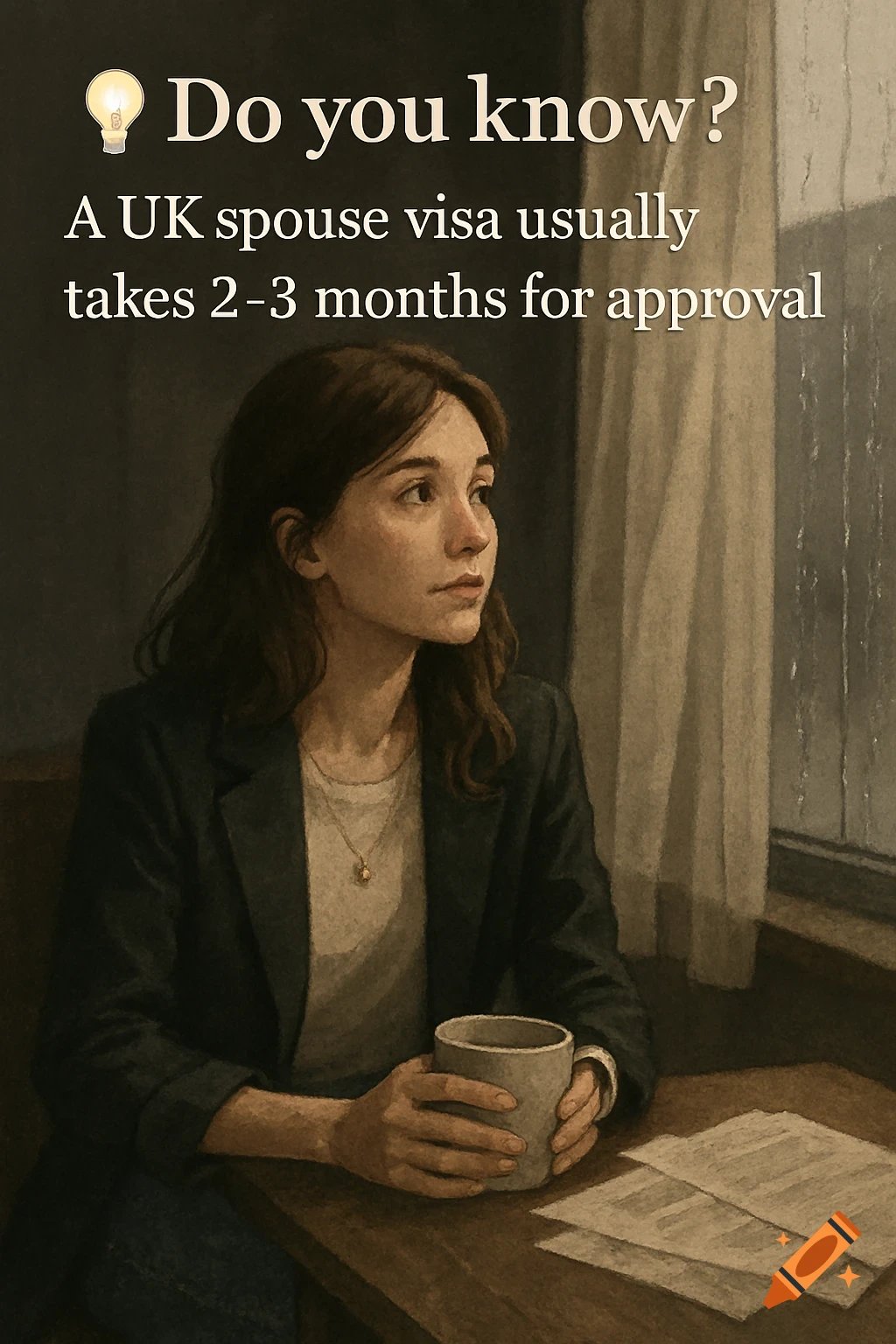 Illustration of a woman holding a mug, looking out a rainy window, with informational text above.