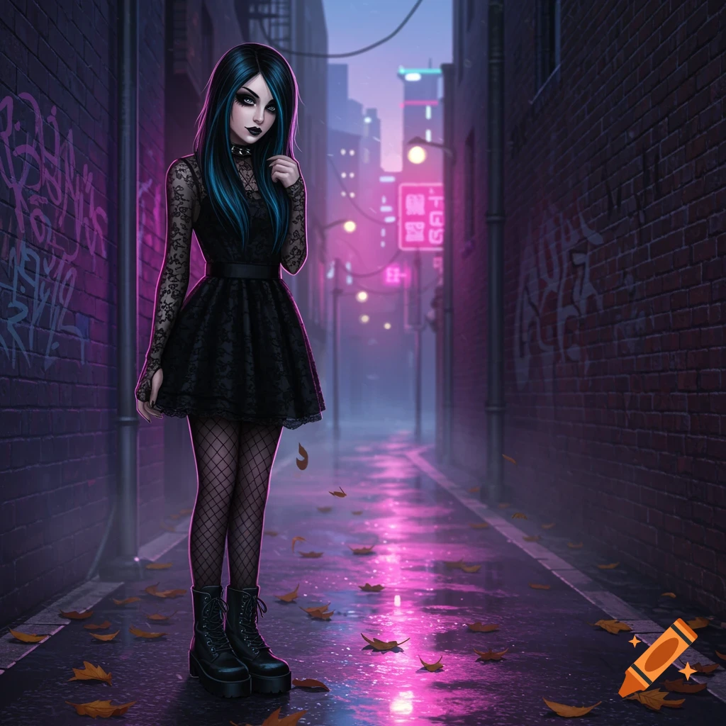 Digital art of a gothic girl in an alley with neon lights and fallen leaves.