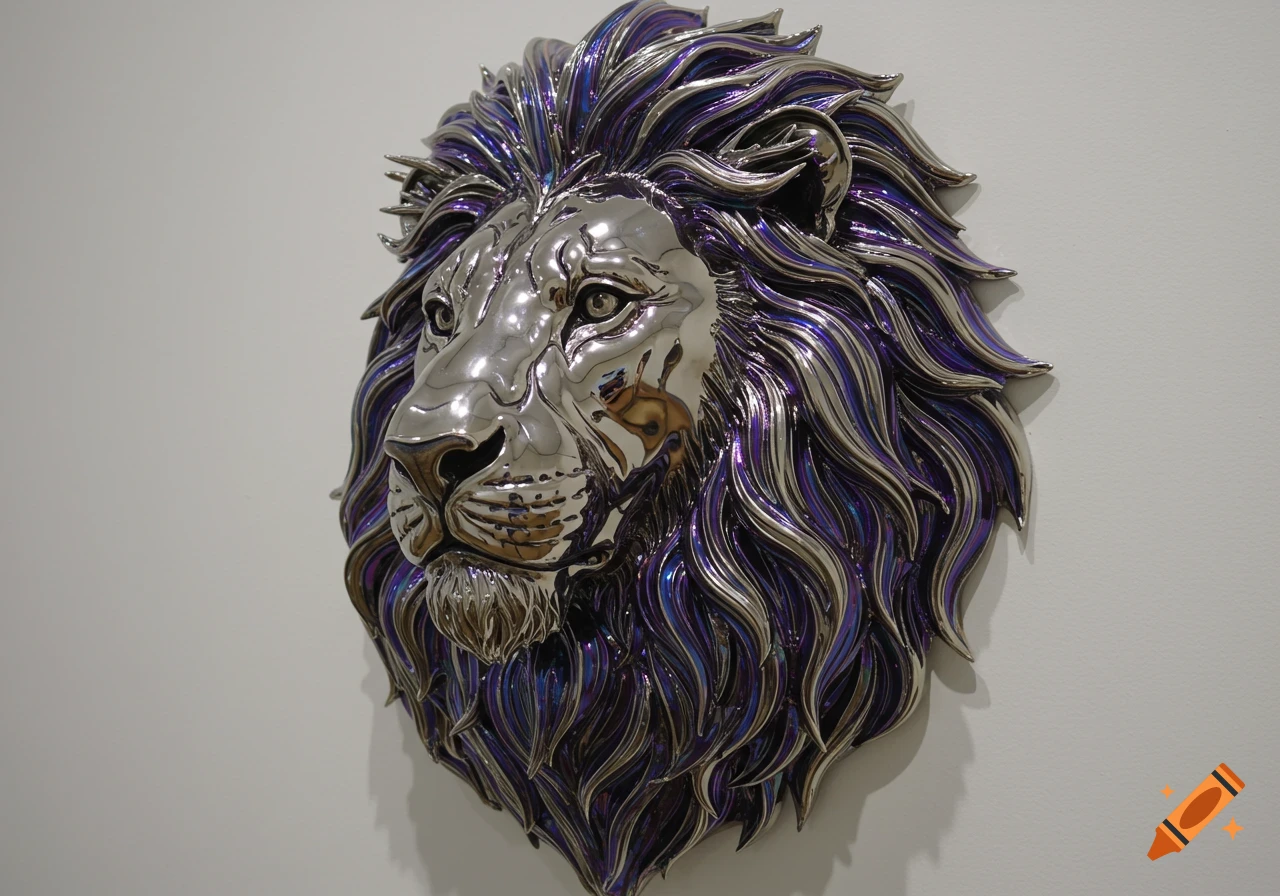 A detailed metallic sculpture of a lion's head with a flowing mane in iridescent purple and silver against a white background.