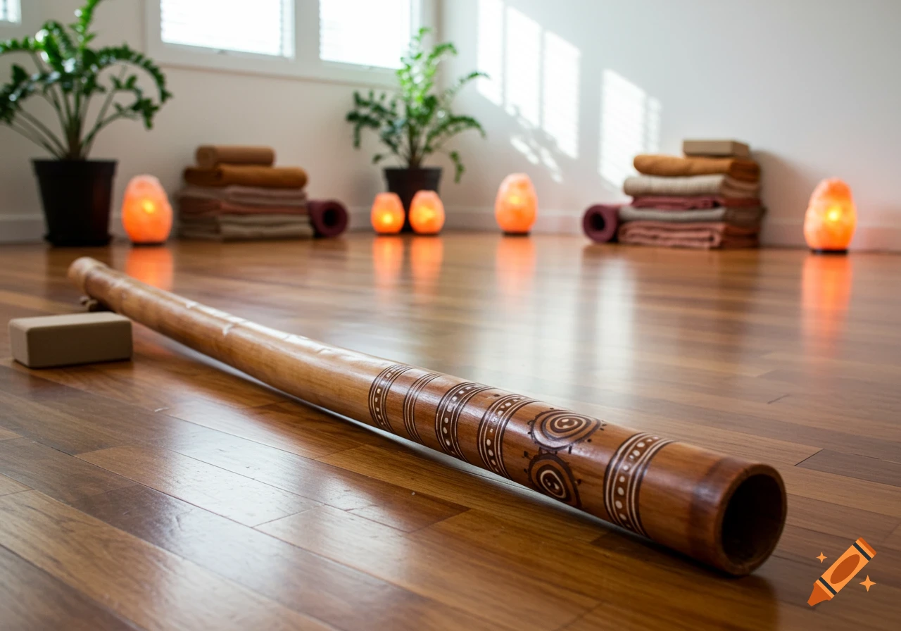 A didgeridoo lies on a polished wooden floor in a yoga studio with rolled mats, salt lamps, and plants in the background.