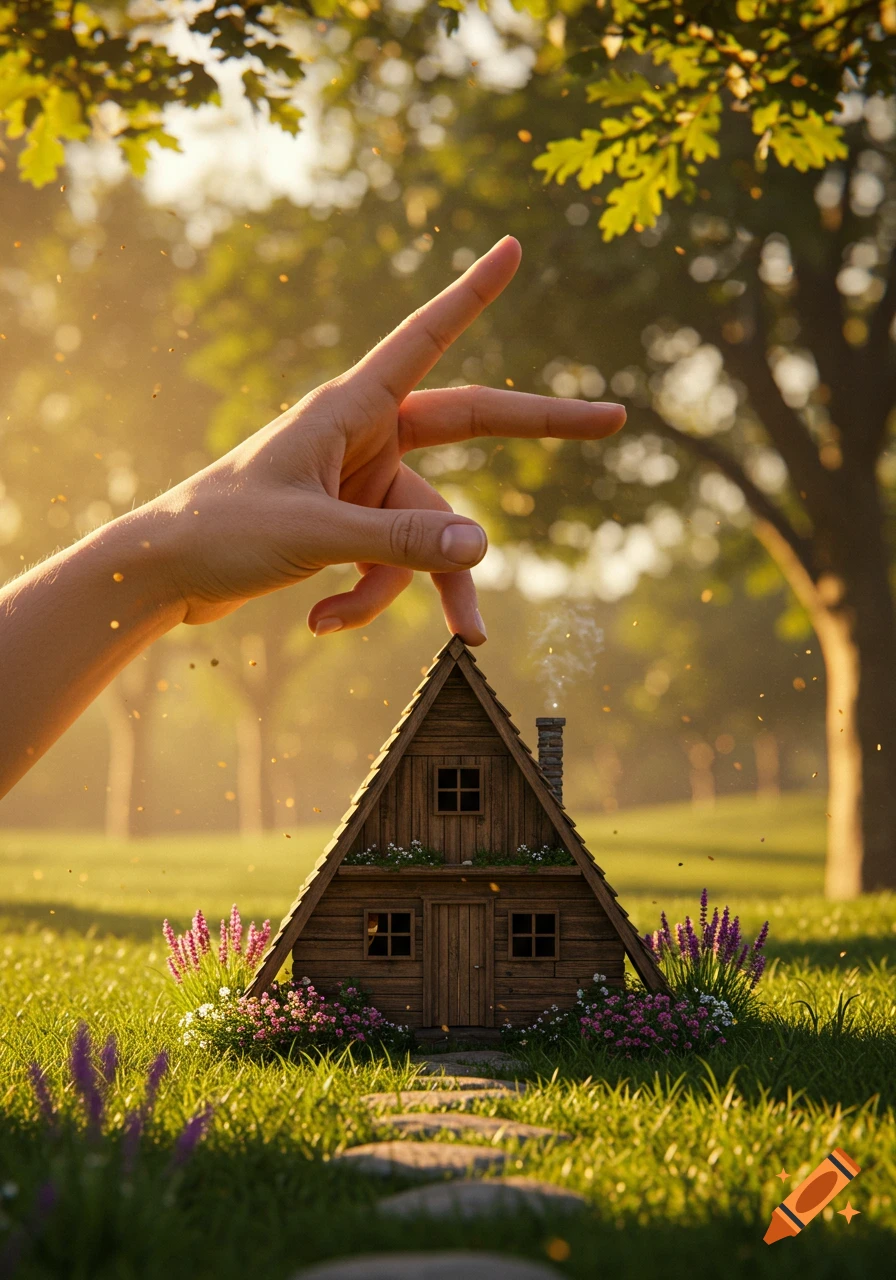 A giant hand's fingers simulate the roof of a small A-frame house in a sunlit meadow.