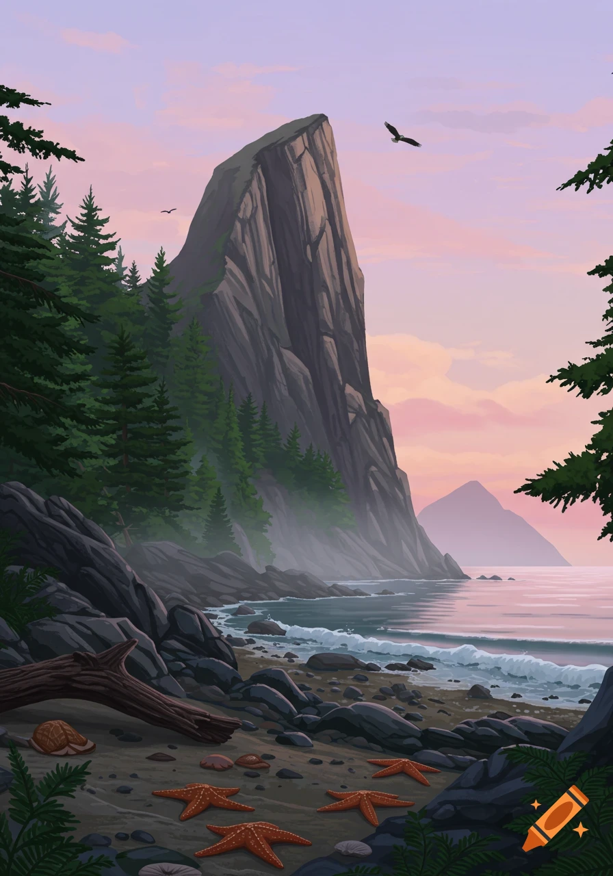 An illustrated coastal landscape at sunset, featuring a towering rock cliff covered in pine trees, overlooking a beach with starfish and driftwood, under a pink and purple sky.
