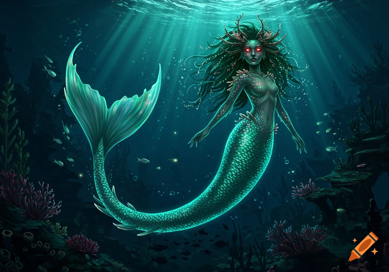 Fantasy illustration of a mystical mermaid with red glowing eyes and green hair, a bioluminescent tail, in a dark underwater scene.