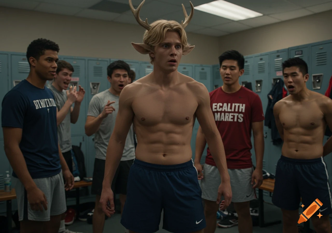 Blond male satyr with antlers in a locker room with human male students in gym clothes.