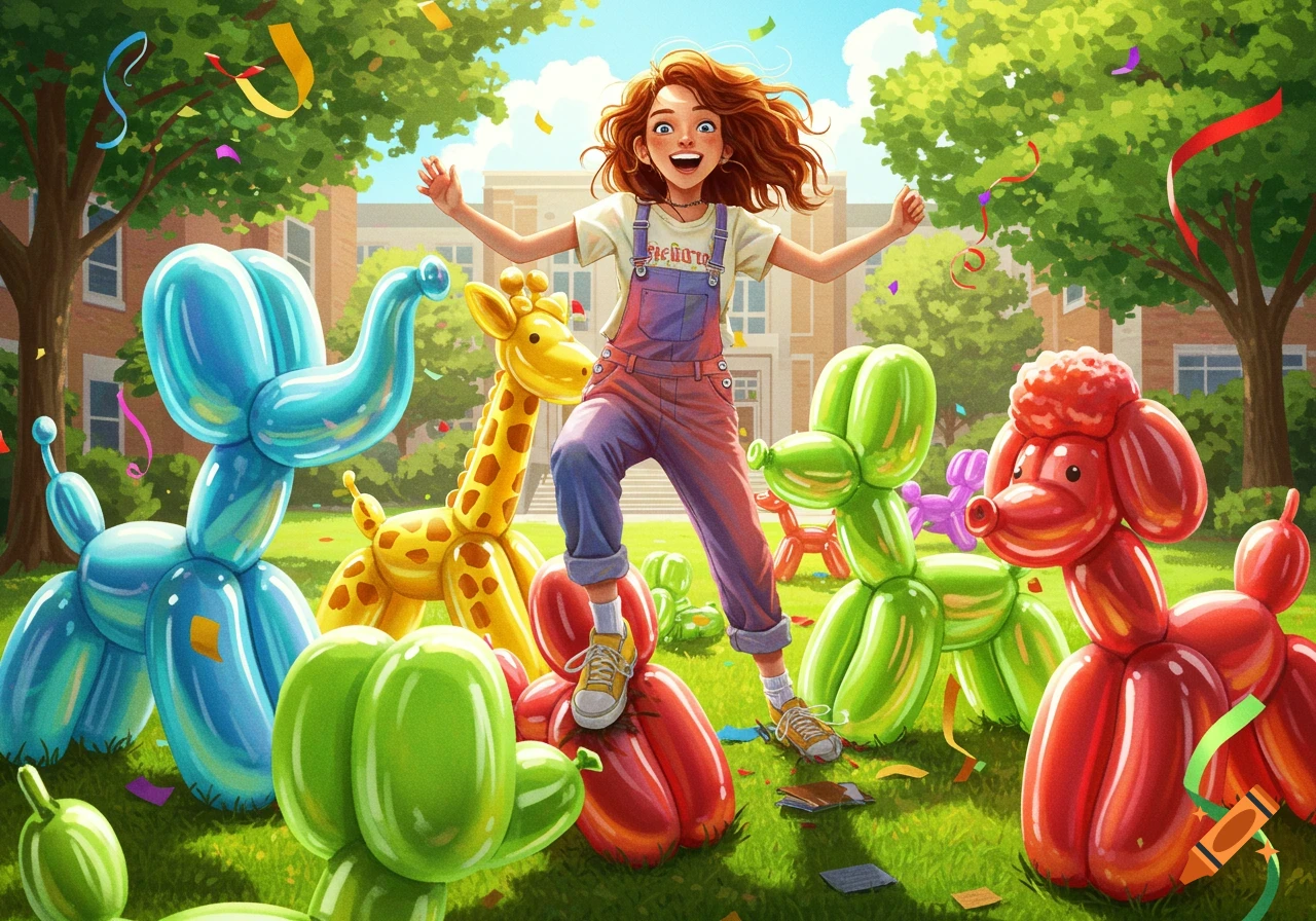 A joyful girl jumps among colorful balloon animals like a giraffe, elephant, and poodles, under a sunny sky with confetti.