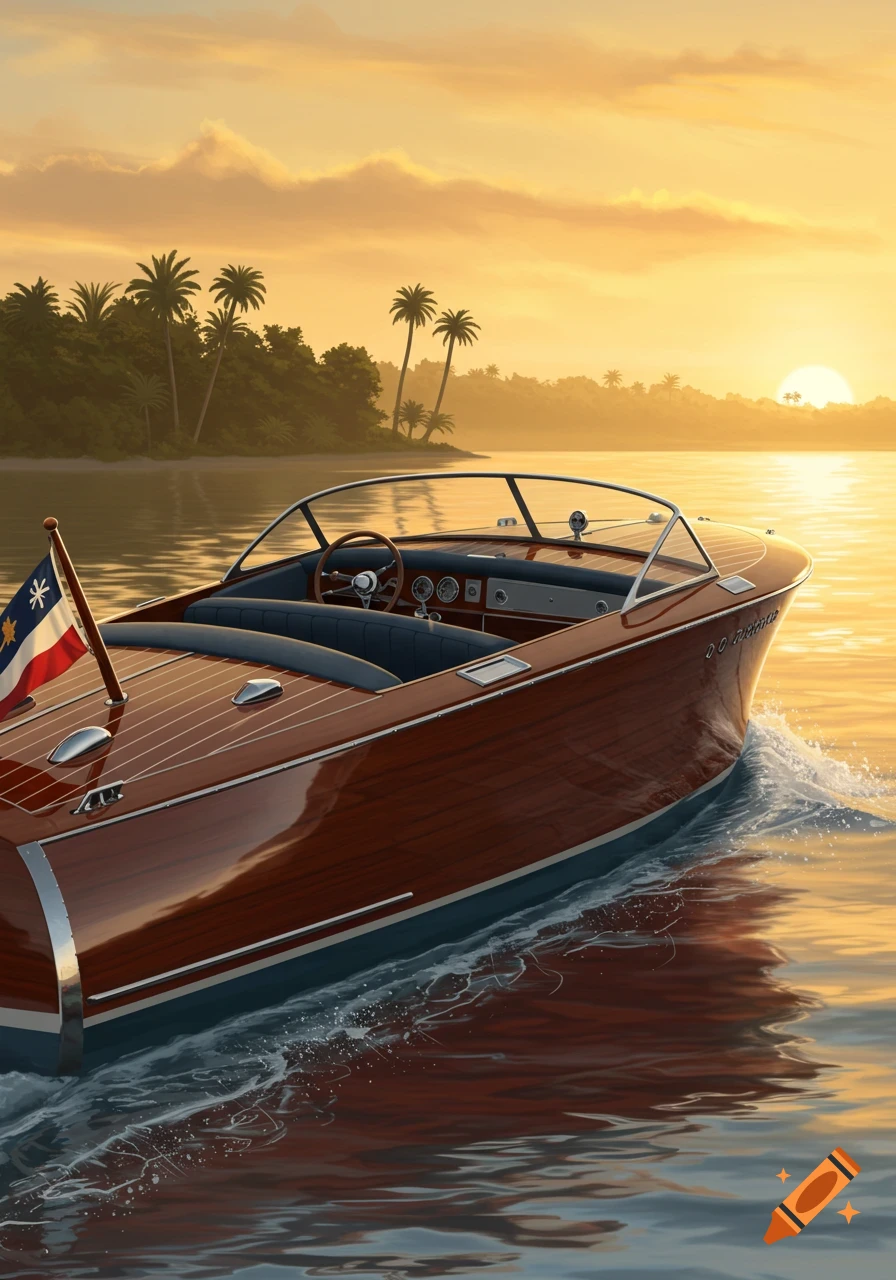 A vintage wooden speedboat cruises on the water at sunset, with a tropical island and palm trees in the background, in a painted style.