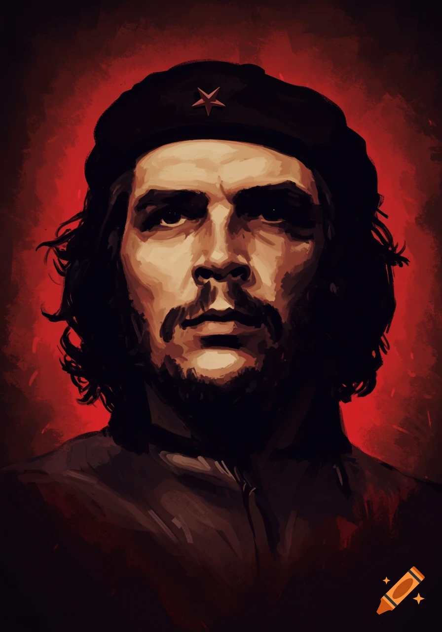 A stylized, dark portrait of Che Guevara with a beard and beret, against a stark red background.