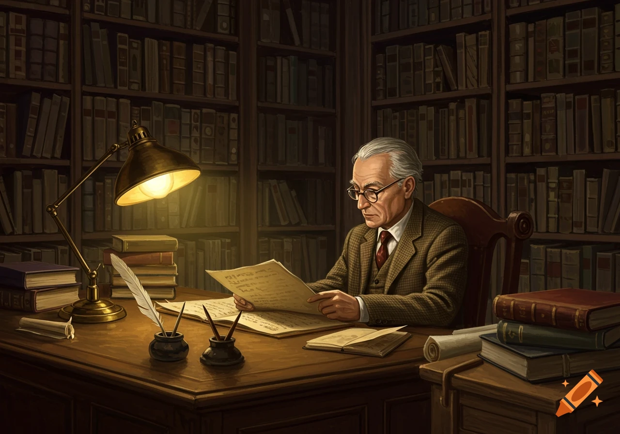 An elderly man in a suit and glasses reads a document at a wooden desk with a lamp, quill, and books, surrounded by tall bookshelves in a dimly lit library.