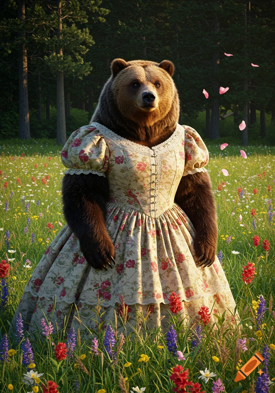 Photorealistic grizzly bear in a floral dress stands in a vibrant wildflower field with a forest background.