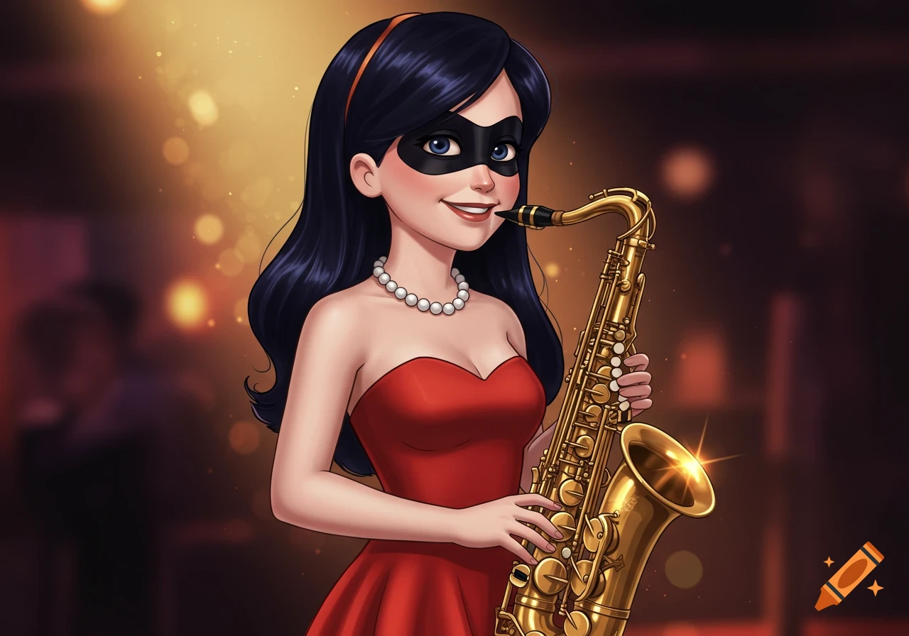 A stylized cartoon image of Violet from The Incredibles wearing a black mask, red strapless dress, and pearl necklace, smiling while holding a saxophone against a blurry, warm-toned background.