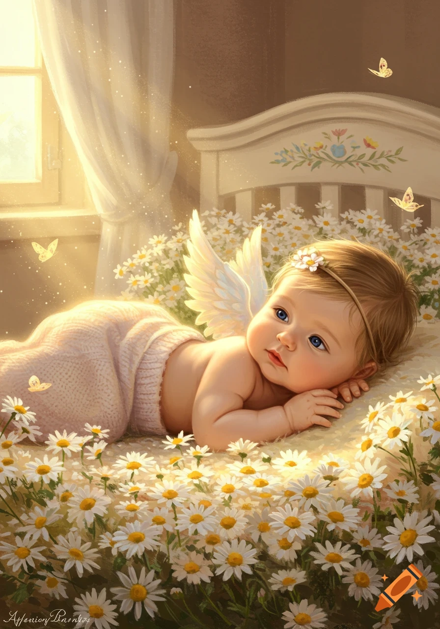 A cute baby with angel wings lies among white daisies in a sunlit room, with butterflies fluttering around.