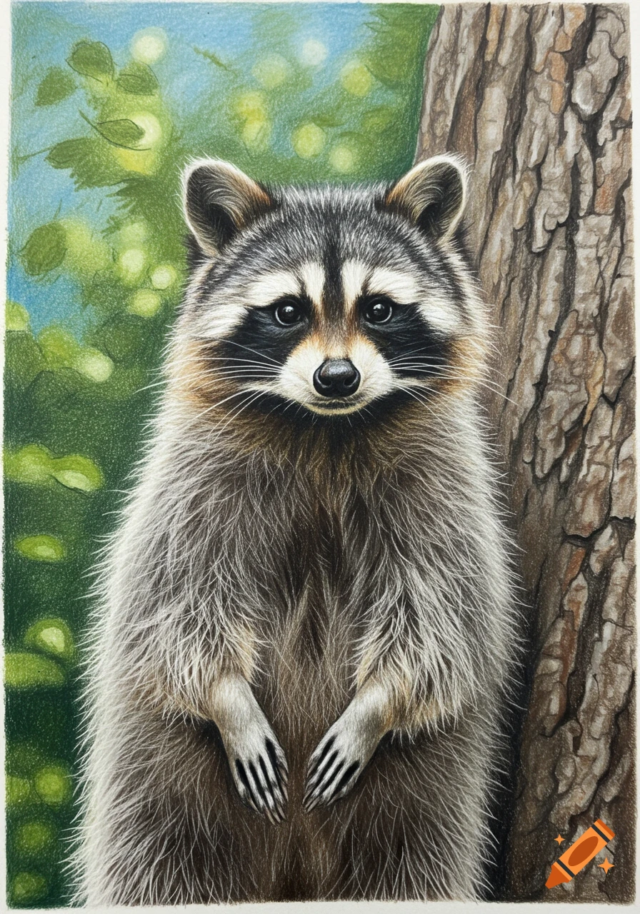 A detailed colored pencil drawing of a fluffy raccoon standing upright next to a tree, looking forward.