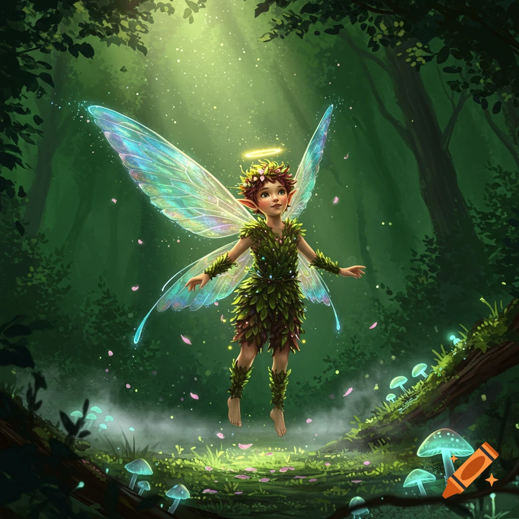 A boy fairy with green leafy clothing and iridescent wings floats in a magical sunlit forest, surrounded by glowing mushrooms.